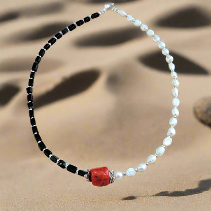 Pearl,onyx, coral and sterling silver necklace