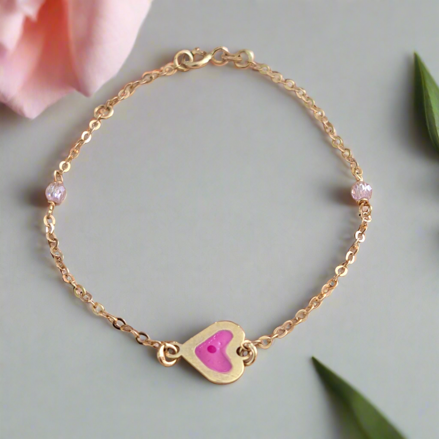 9K Gold  bracelet with heart  and crystals