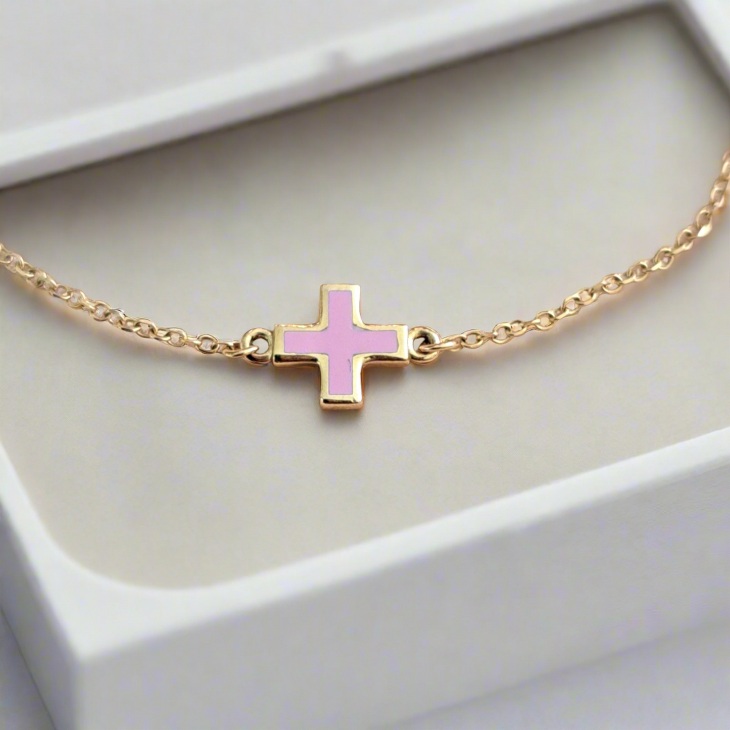 14K Gold bracelet with pink cross