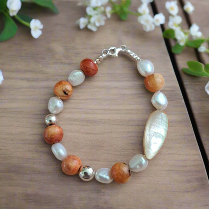 Bracelet with sterling silver, corals and pearls