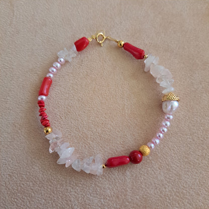 Bracelet with corals ,pearls, quartz and gold plated sterling silver