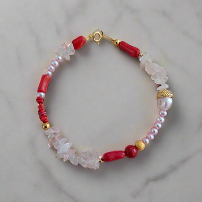 Bracelet with corals ,pearls, quartz and gold plated sterling silver