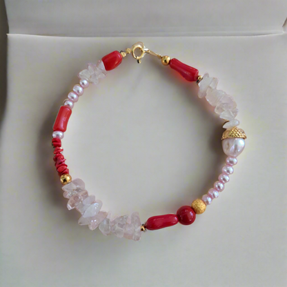 Bracelet with corals ,pearls, quartz and gold plated sterling silver