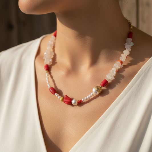 Handmade necklace with corals, pearls, and quartz with gold plated sterling silver. - Katerina Roukouna