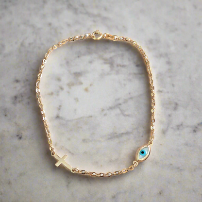 9K Gold bracelet with cross and evil eye