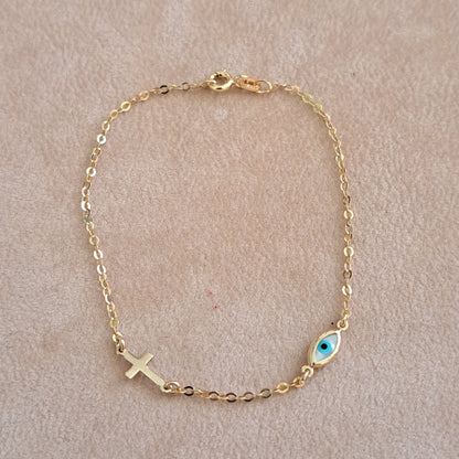 9K Gold bracelet with cross and evil eye