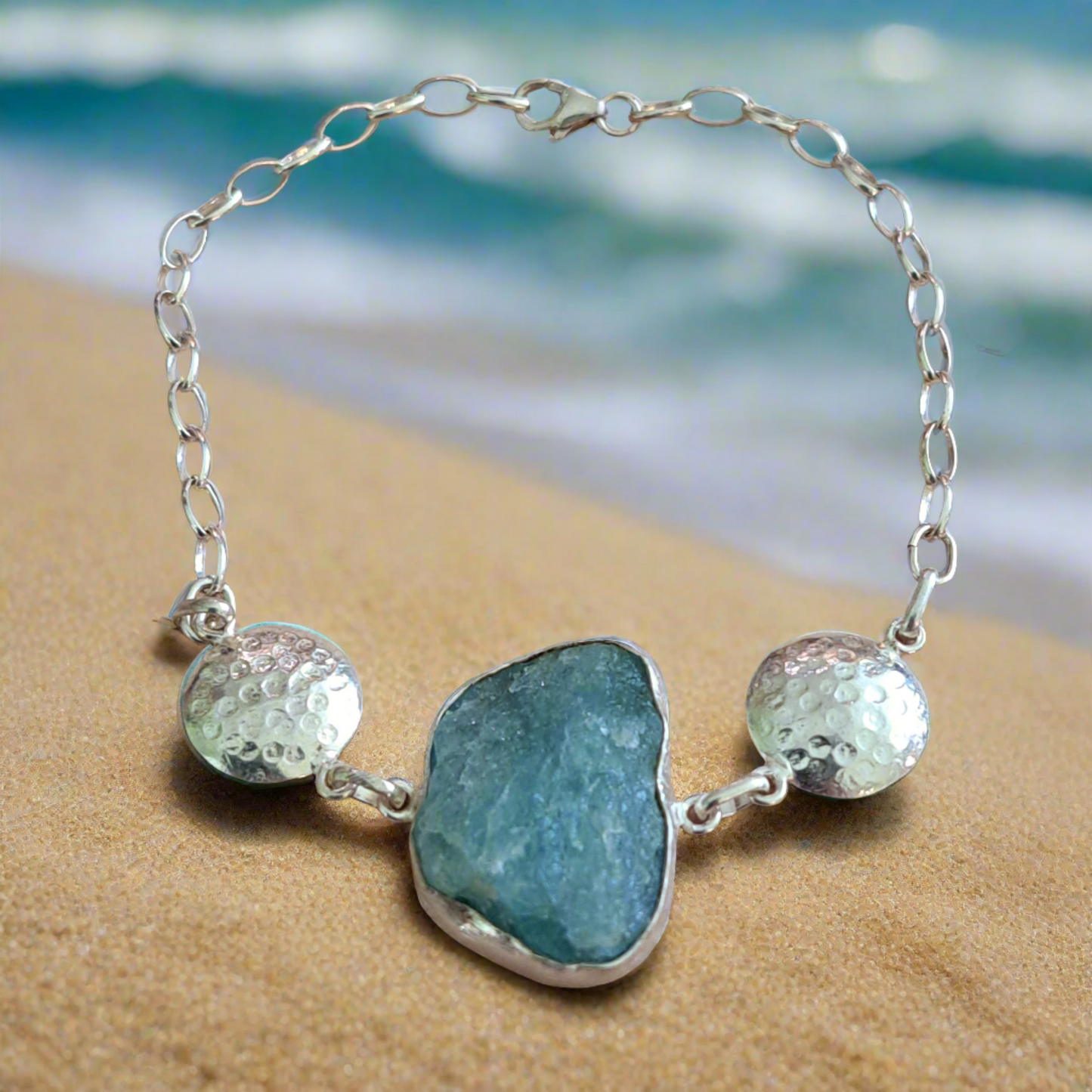 Handmade sterling silver bracelet with aquamarine