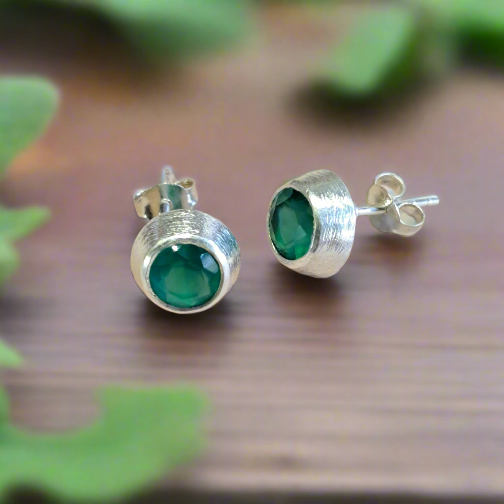 Sterling silver  stud earrings with green agates