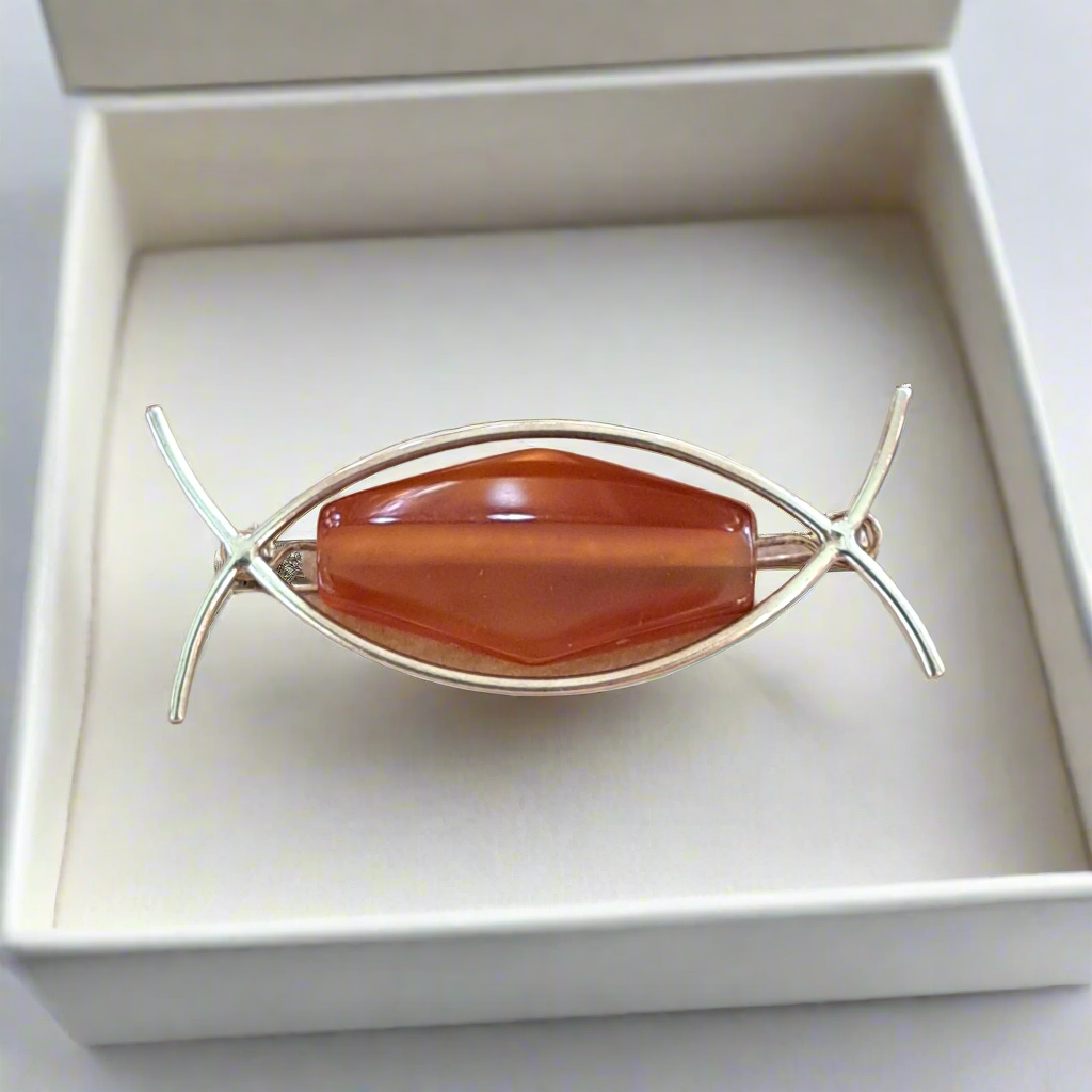 Handmade sterling silver brooch with cornalian