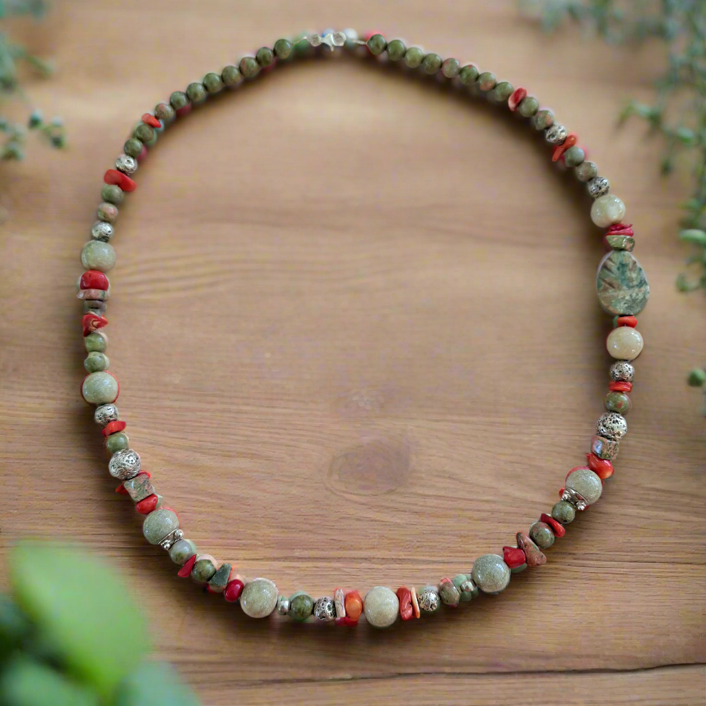 Handmade necklace with jaspers, agayes, corals and sterling silver