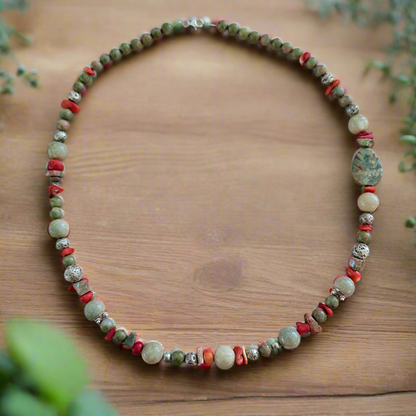 Handmade necklace with jaspers, agayes, corals and sterling silver