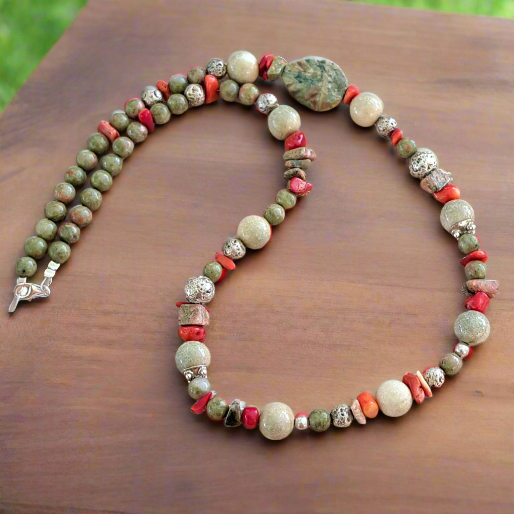 Handmade necklace with jasper, corals, lava and sterling silver elements