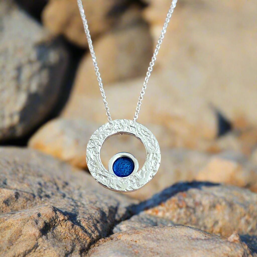 Round sterling silver necklace with blue enamel