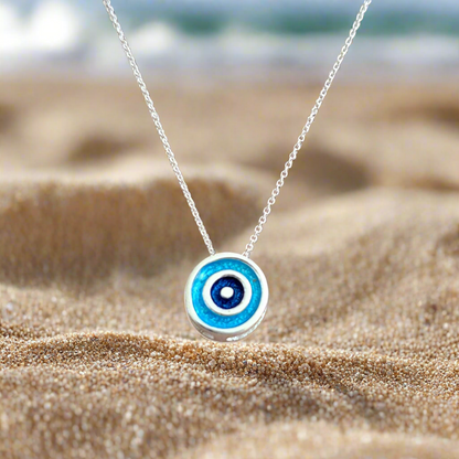 Sterling silver necklace- evil eye, enamel painted