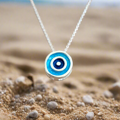 Sterling silver necklace- evil eye, enamel painted