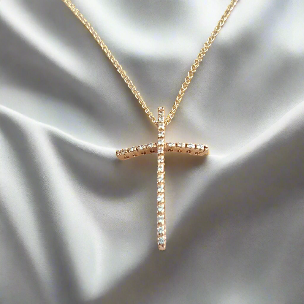 14K Yellow Gold Cross (curved) with zirkons