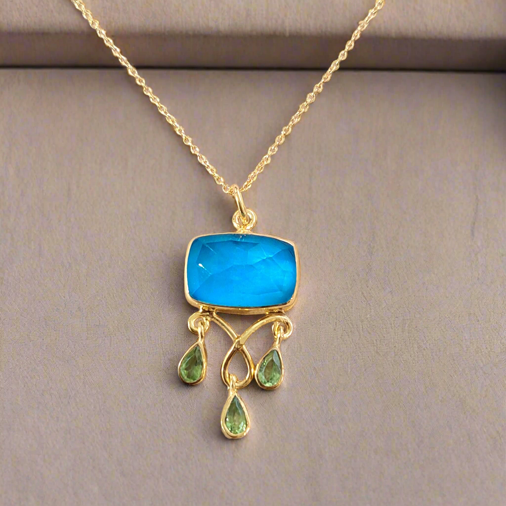 Handmade  gold plated sterling silver necklace with pariba and peridot gemastones