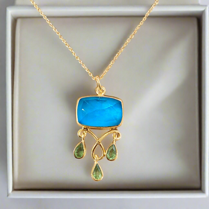 Handmade  gold plated sterling silver necklace with pariba and peridot gemastones