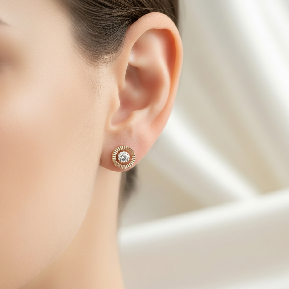 9K Gold  round stud earrings with zirkons - Katerina Roukouna