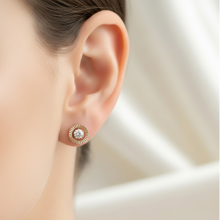 9K Gold  round stud earrings with zirkons - Katerina Roukouna