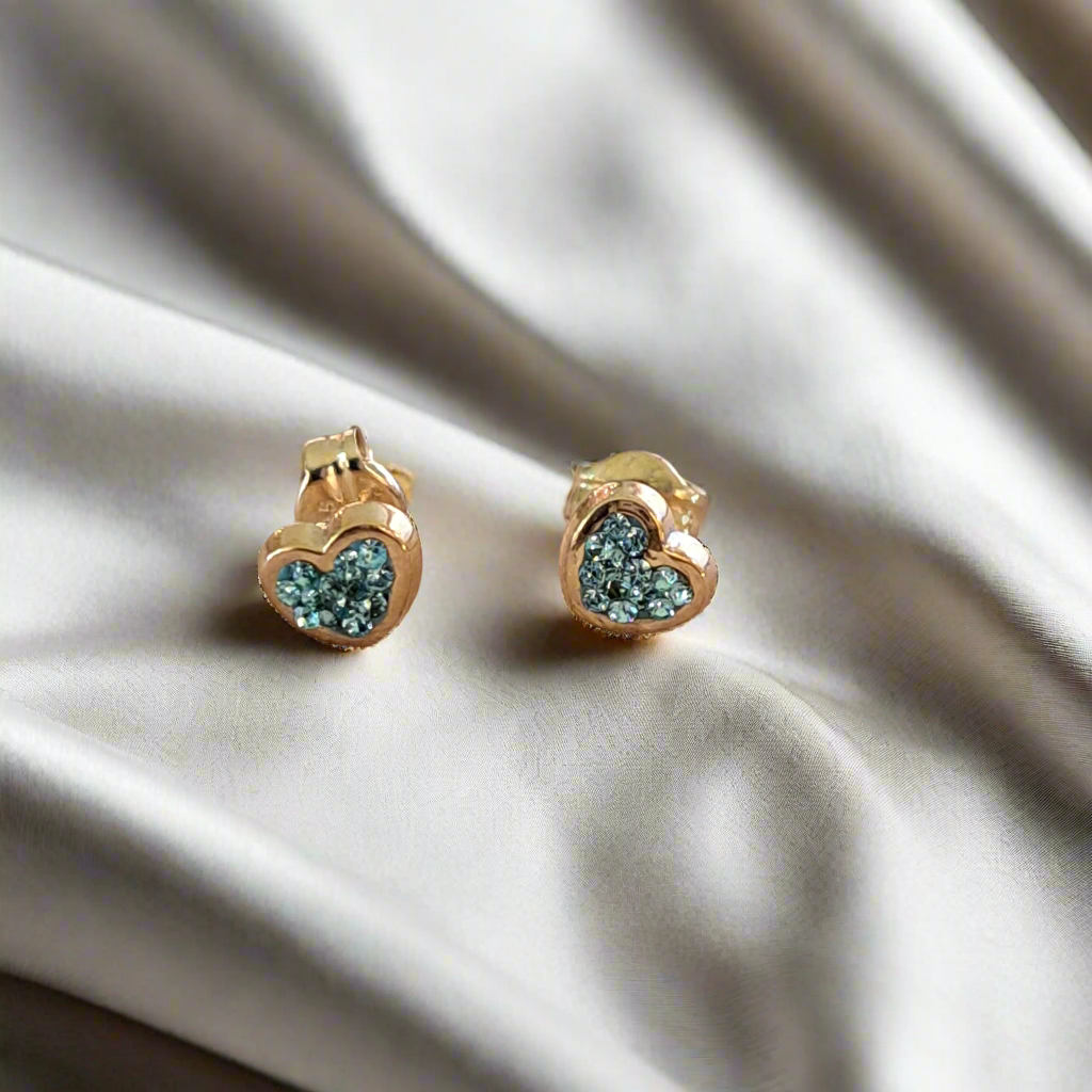 9K Gold hearts stud earrings with  blue zirkons