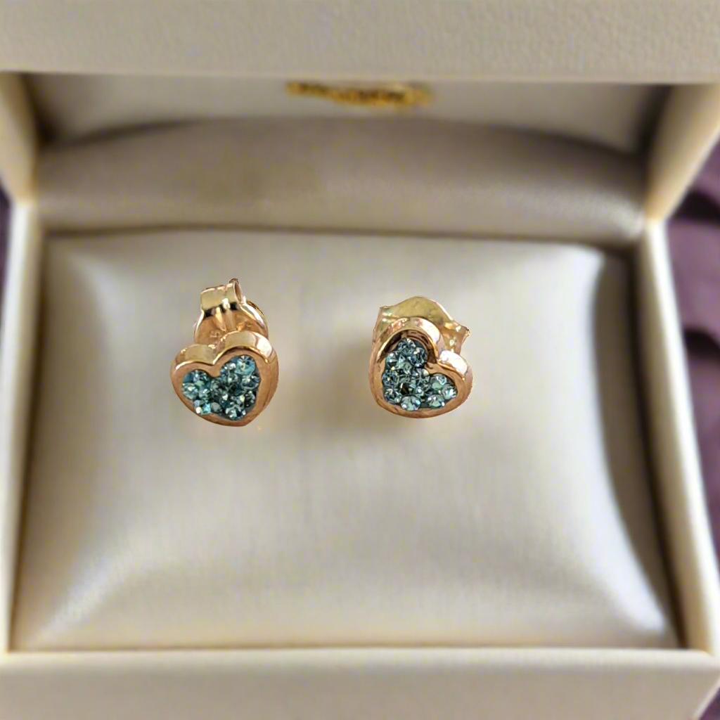 9K Gold hearts stud earrings with  blue zirkons