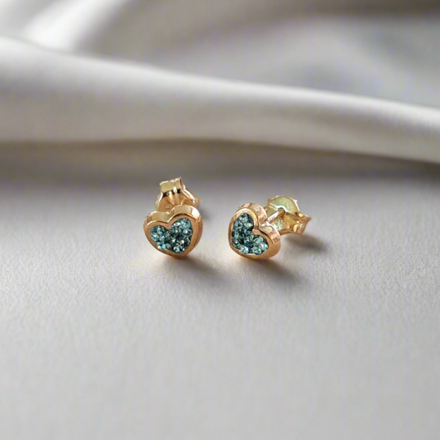 9K Gold hearts stud earrings with  blue zirkons