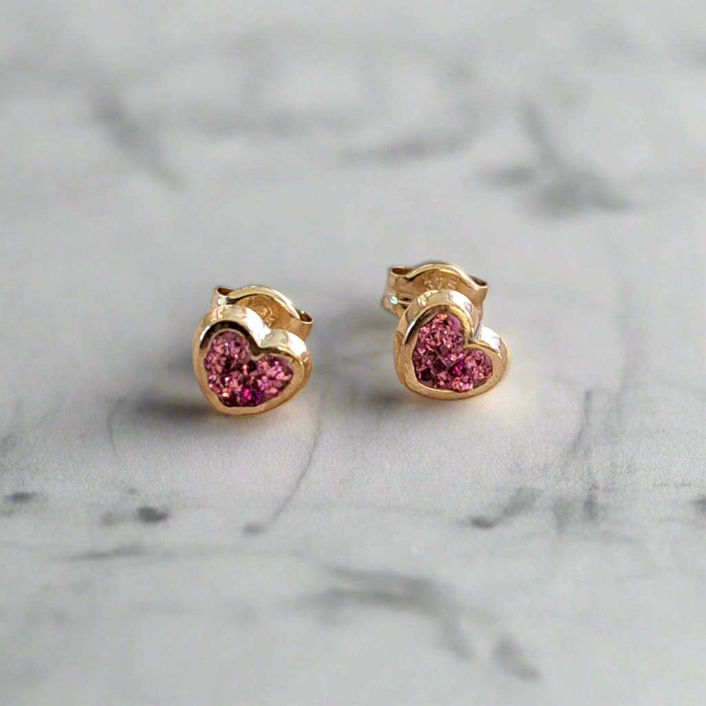 9K Gold  hearts stud earrings  with pink swarovski stones