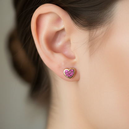 9K Gold  hearts stud earrings  with pink swarovski stones - Katerina Roukouna