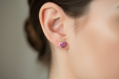 9K Gold  hearts stud earrings  with pink swarovski stones - Katerina Roukouna