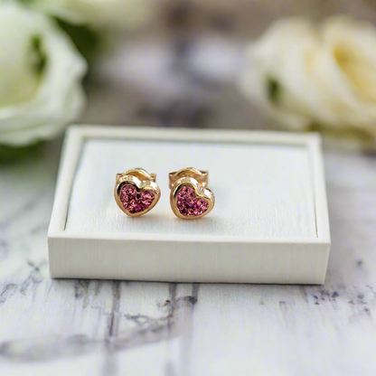 9K Gold  hearts stud earrings  with pink swarovski stones