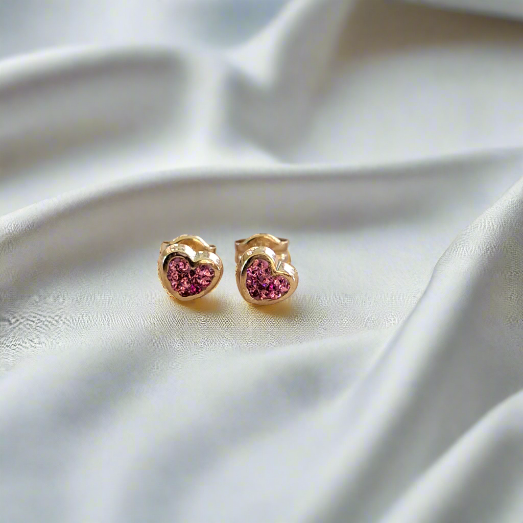 9K Gold  hearts stud earrings  with pink swarovski stones