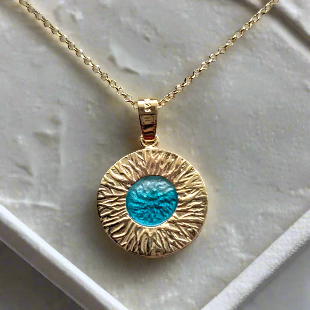 Gold plated sterling silver blue round necklace