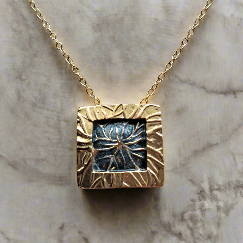 Handmade gold plated square necklace with grey enamel