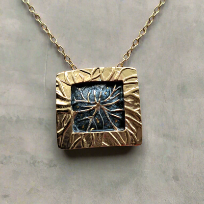 Handmade gold plated square necklace with grey enamel