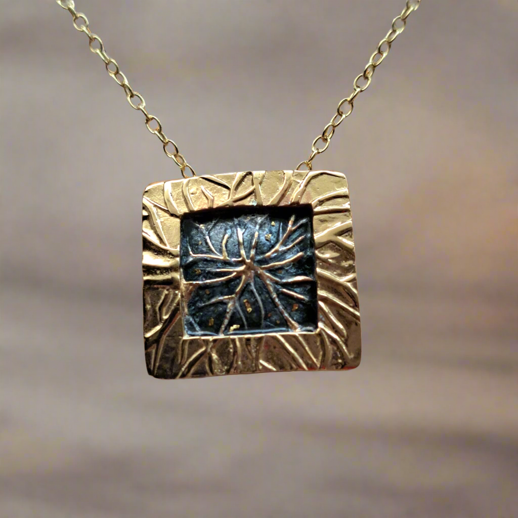 Handmade gold plated square necklace with grey enamel