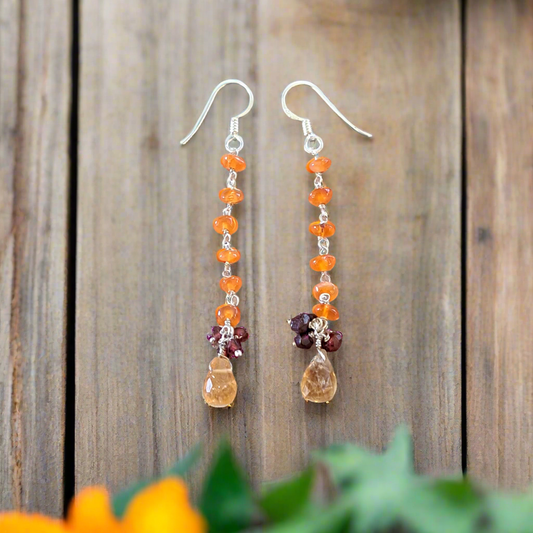 Handmade silver earrings with cornelians and garnets