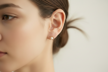 14K Red Gold flower earrings with pearls - Katerina Roukouna