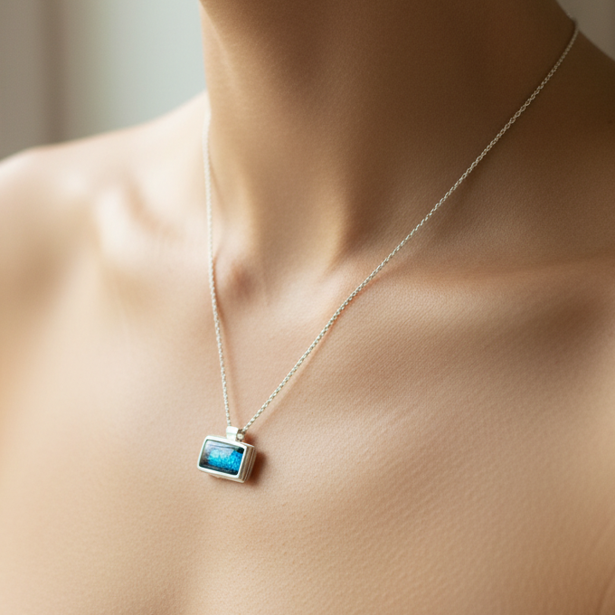 Blue rectangul sterling silver pendant - Katerina Roukouna