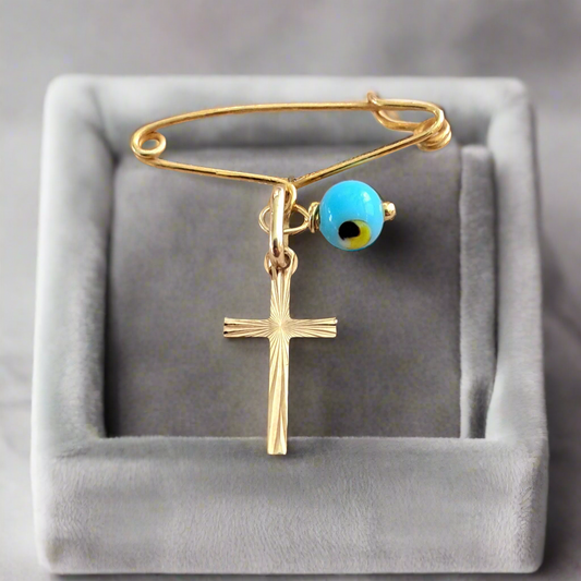 14K gold cross with evil eye pin