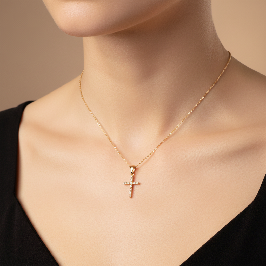 Elegant 14K Gold cross with zirkons (II)