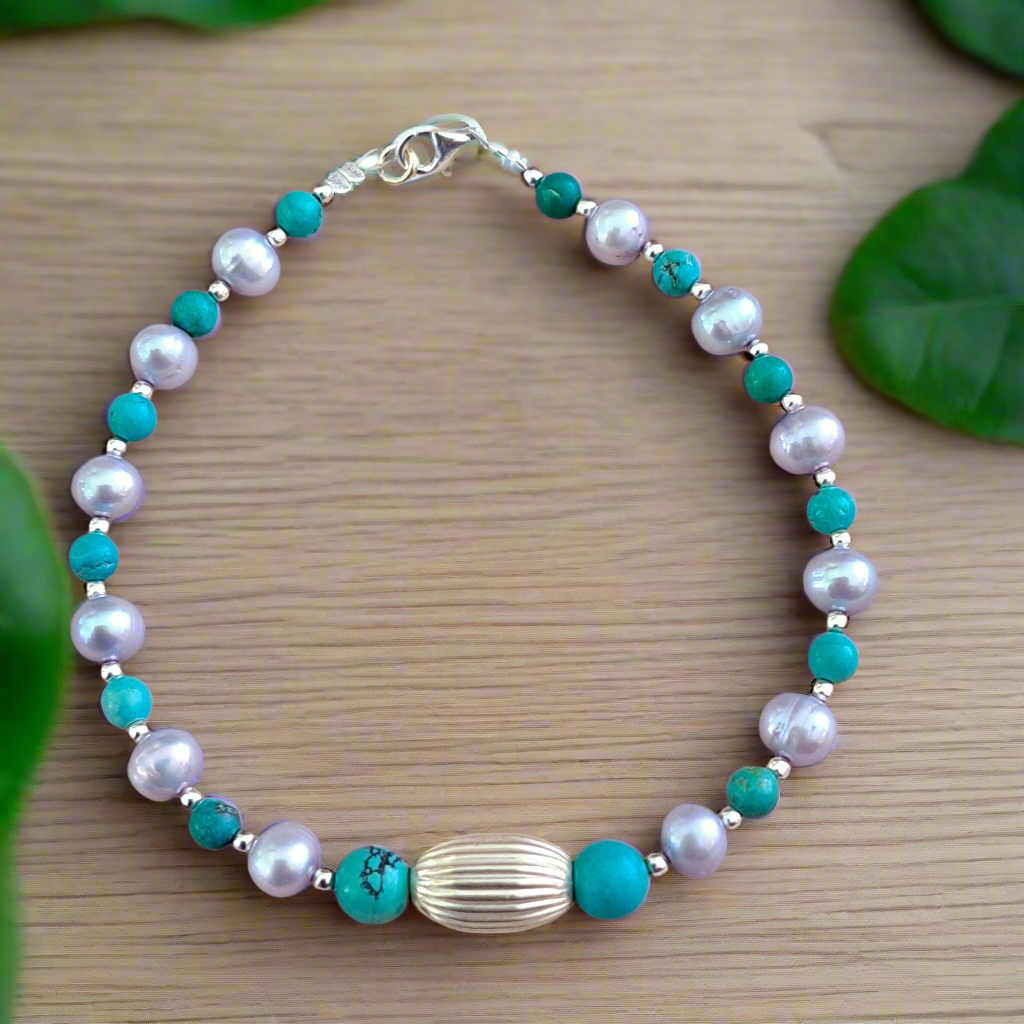 Handmade  sterling silver bracelet with grey pearls and turqoise gems