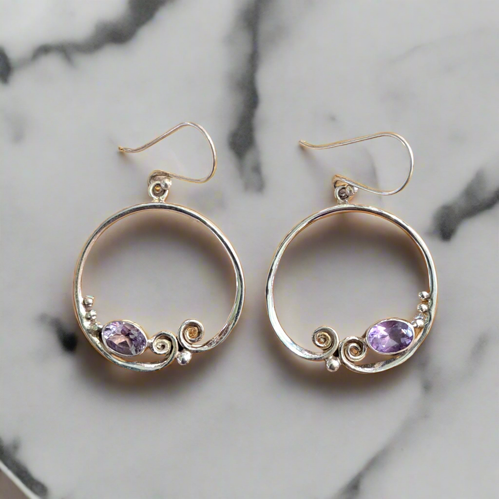 Handmade  round sterling silver earrings with oval amethysts