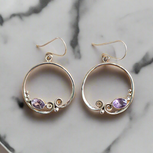 Handmade  round sterling silver earrings with oval amethysts