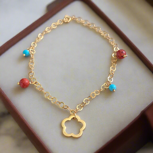Handmade gold plted sterling silver bracelet with corals and turqoise