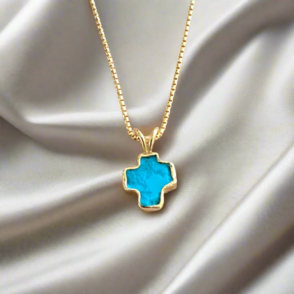 Handmade 18K cross with turqoise and sterling silver