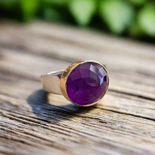 Handmade sterling silver   and 18K Gold ring with amethyst.