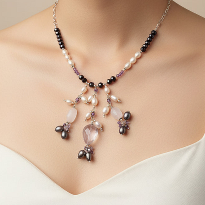 Handmade necklace with pearls, garnets, amethyst and rose quartz - Katerina Roukouna