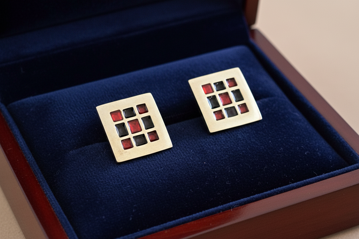 Handmade tetragonal silver earrings  with red and black enamel - Katerina Roukouna