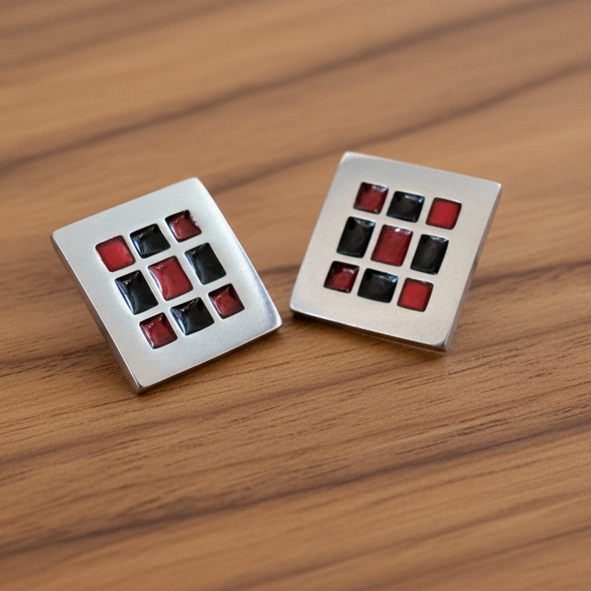 Handmade tetragonal silver earrings  with red and black enamel - Katerina Roukouna